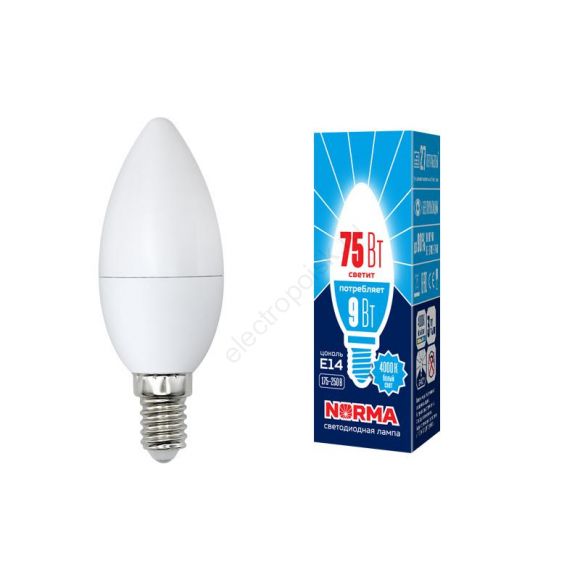 Лампа светодиодная LED-C37-9W/NW/E14/FR/NR Лампа светодиодная. Форма свеча, матовая. Серия Norma. Белый свет (4000K). Картон. ТМ Volpe (UL-00003803)
