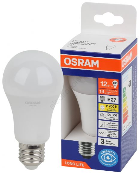 Лампа светодиодная LED 12Вт Е27 2700К 1055Лм груша 220В (замена 100Вт) OSRAM