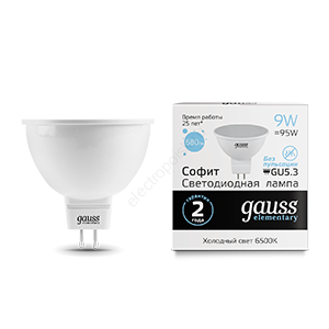 Лампа светодиодная LED 9 Вт 680 Лм 6500К холодная GU5.3 MR16 Elementary Gauss (13539)