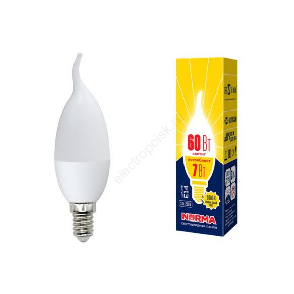 Лампа светодиодная LED-CW37-7W/NW/E14/FR/NR . Форма свеча на ветру, матовая. Серия Norma. Белый свет (4000K). Картон. ТМ Volpe (UL-00003800)