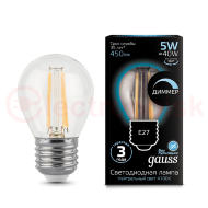 Лампа светодиодная LED 5 Вт 450 Лм 4100К белая Е27 Шар диммируемая Filament Gauss Лампа светодиодная LED 5 Вт 450 Лм 4100К белая Е27 Шар диммируемая Filament Gauss