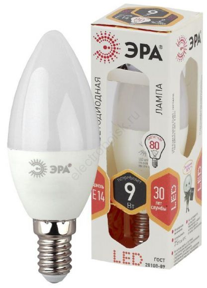 Лампа светодиодная LED B35-9W-827-E14 (диод, свеча, 9Вт, тепл, E14 (10/100/3500) ЭРА (Б0027969)