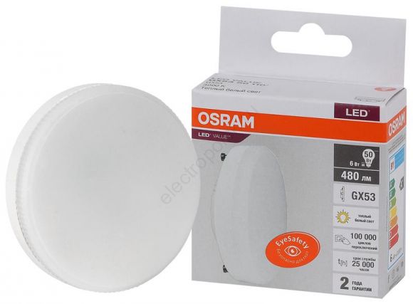 Лампа светодиодная LED 6 Вт GX53 3000К 480Лм таблетка 220 В (замена 50Вт) OSRAM (4058075581975)