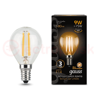 Лампа светодиодная LED 9 Вт 680 Лм 2700К теплая Е14 Шар Filament Gauss Лампа светодиодная LED 9 Вт 680 Лм 2700К теплая Е14 Шар Filament Gauss
