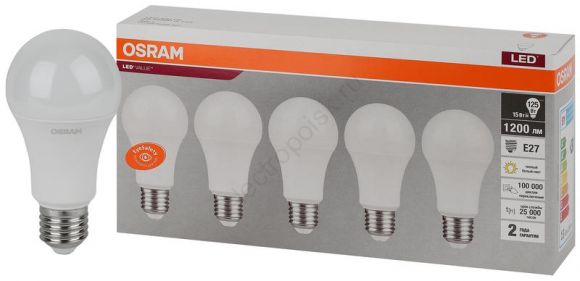 Лампа светодиодная LED 15 Вт E27 3000К 1200Лм груша 220 В (замена 125Вт) упак 5 шт OSRAM (4058075577800)