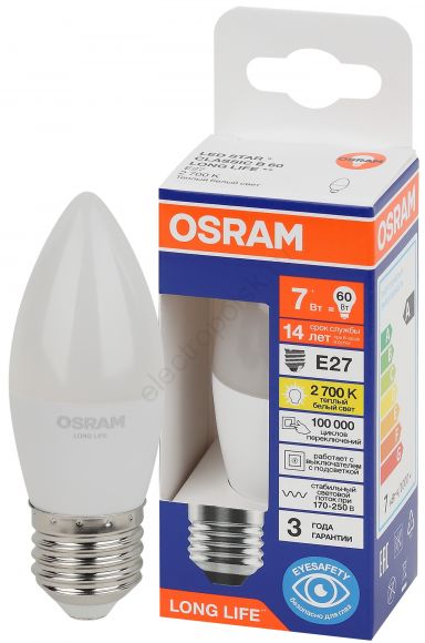 Лампа светодиодная LED 7Вт Е27 2700К 600Лм свеча 220В (замена 60Вт) OSRAM (4099854186332)