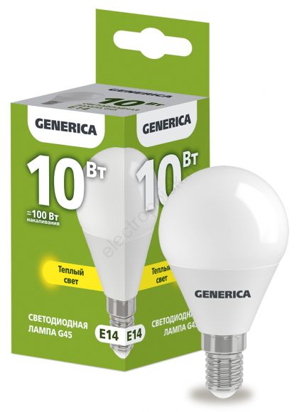 Лампа светодиодная G45 шар 10Вт 230В 3000К E14 GENERICA (LL-G45-10-230-30-E14-G)