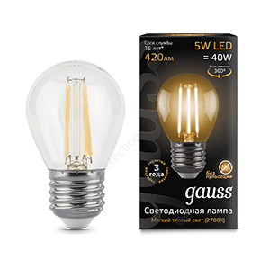 Лампа светодиодная LED 5 Вт 420 Лм 2700К теплая Е27 Шар Filament Gauss (105802105)