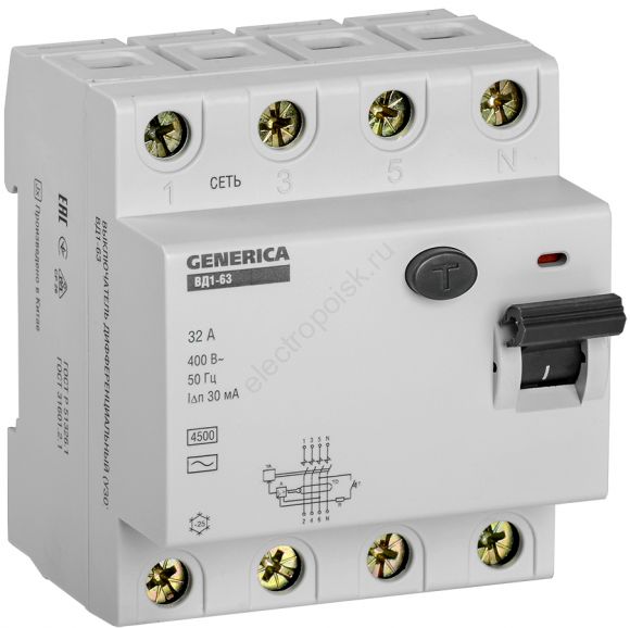 Выключатель дифференциального тока (УЗО) ВД1-63 4Р 32А 30мА GENERICA