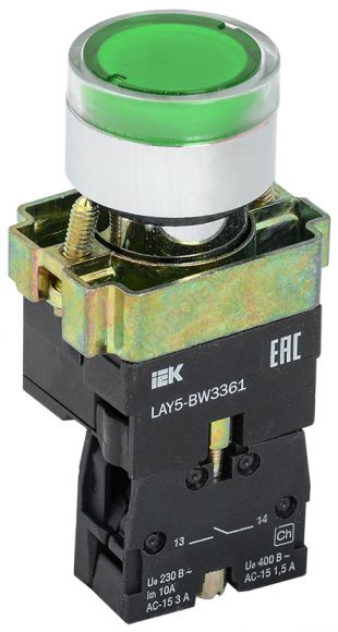 Кнопка управления зеленая LAY5-BW3361 1НО с подсветкой 240В