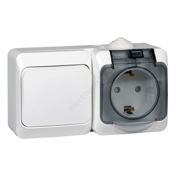ЭТЮД Блок Выключатель одноклавишный/Розетка наружная с заземлением со шторками IP44 белый BPA16-241B
