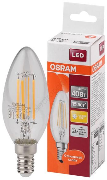 Лампа светодиодная LED 4Вт Е14 FILAMENT CLB40, тепло-бел, прозр.свеча OSRAM (4058075068353)