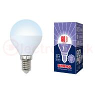 Лампа светодиодная LED-G45-7W/DW/E14/FR/NR Форма шар, матовая. Серия Norma. Дневной белый свет (6500K). Картон. ТМ Volpe Лампа светодиодная LED-G45-7W/DW/E14/FR/NR Форма шар, матовая. Серия Norma. Дневной белый свет (6500K). Картон. ТМ Volpe