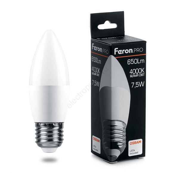 Лампа светодиодная LED 7.5вт Е27 белый матовая свеча Feron.PRO (38057)