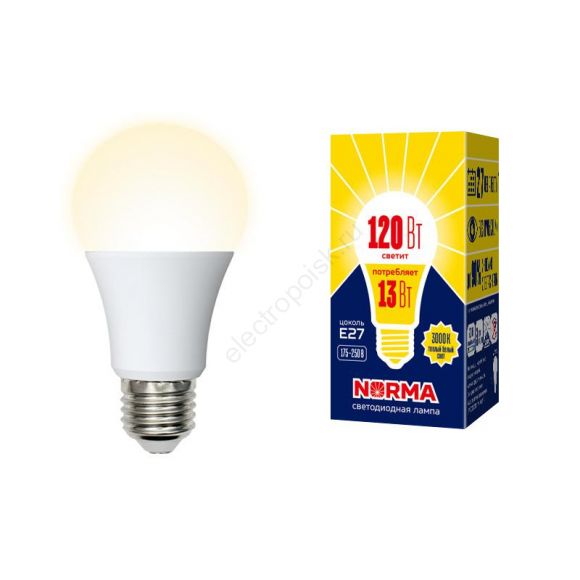 Лампа светодиодная LED-A60-13W/WW/E27/FR/NR Форма A, матовая. Серия Norma. Теплый белый свет (3000K). Картон. ТМ Volpe
