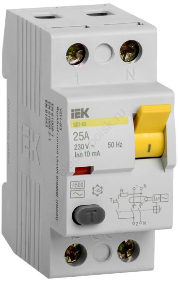 Выключатель дифференциального тока (УЗО) 2п 25А 10мА ВД1-63 АС(Электромеханическое)