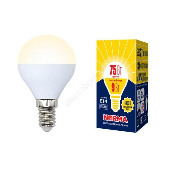 Лампа светодиодная LED-G45-11W/WW/E14/FR/NR Форма шар, матовая. Серия Norma. Теплый белый свет (3000K). Картон. ТМ Volpe