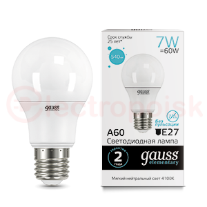 Лампа светодиодная LED 7 Вт 540 Лм 4100К белая E27 A60 Elementary Gauss