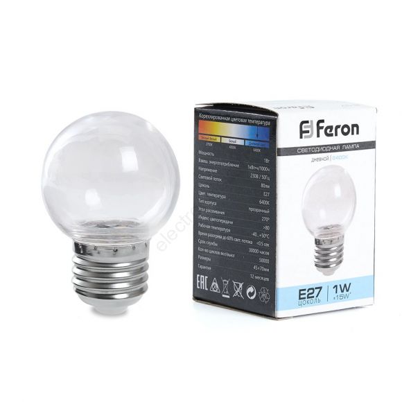 Лампа светодиодная LED 1вт Е27 прозрачный 2700К (шар) (38119)