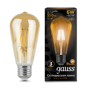 Лампа светодиодная LED 6 Вт 550 Лм 2400К теплая E27 ST64 golden Filament Gauss (102802006)
