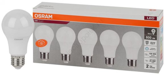 Лампа светодиодная LED 10 Вт E27 6500К 800Лм груша 220 В (замена 75Вт) OSRAM (4058075577770)
