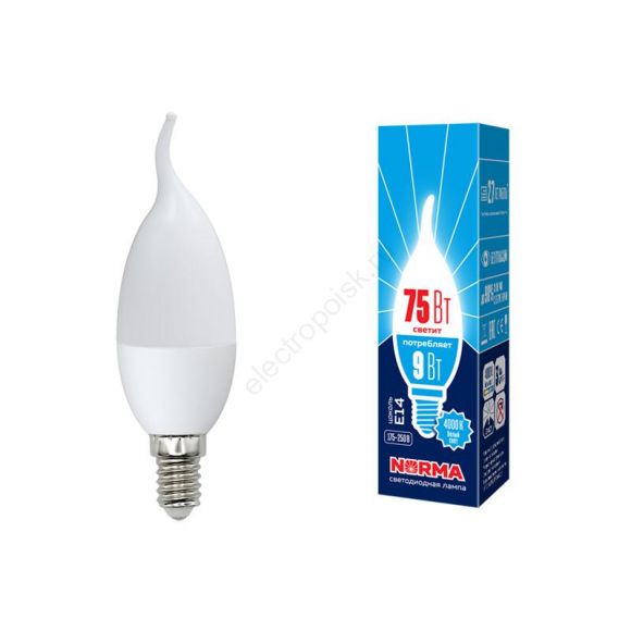 Лампа светодиодная LED-CW37-9W/NW/E14/FR/NR Форма свеча на ветру, матовая. Серия Norma. Белый свет (4000K). Картон. ТМ Volpe (UL-00003808)