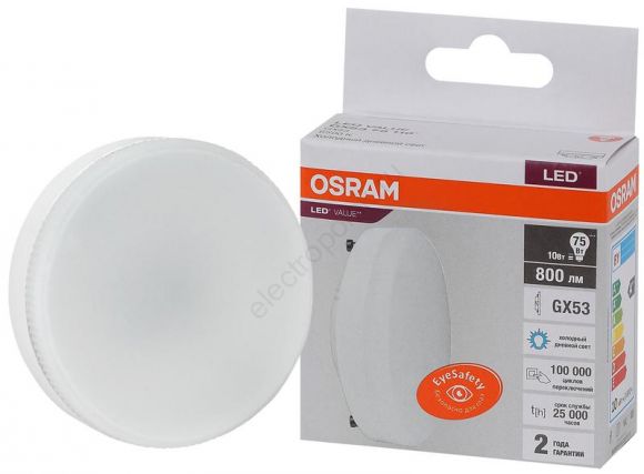 Лампа светодиодная LED 10 Вт GX53 6500К 800Лм таблетка 220 В (замена 75Вт) OSRAM (4058075582125)
