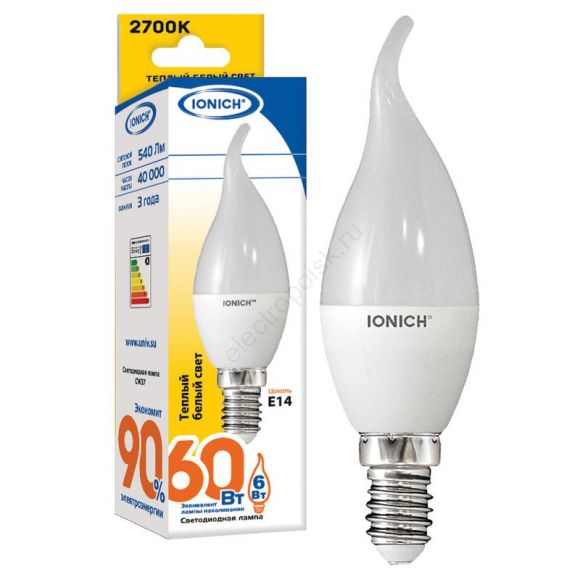 Лампа светодиодная LED 6w 2700К, E14, 540Лм, свечана ветру IONICH (1632)