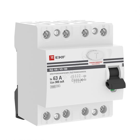 Выключатель дифференциального тока (УЗО)  ВД-100 4P 63А/300мА (электромеханическое) EKF PROxima
