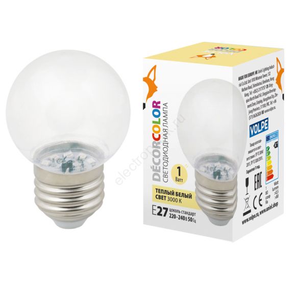 LED-G45-1W/3000K/E27/CL/С Лампа декоративная      светоддиодная. Форма шар, прозрачная. Теплый белыйсвет (3000K). Картон. ТМ Volpe. (UL-00005807)