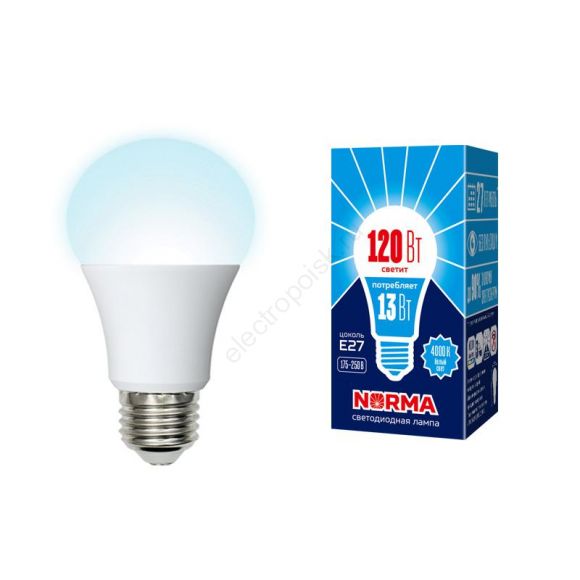 Лампа светодиодная LED-A60-13W/NW/E27/FR/NR Форма A, матовая. Серия Norma. Белый свет (4000K). Картон. ТМ Volpe