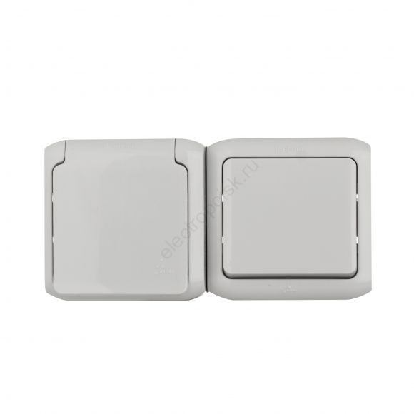 Quteo Блок: Выключатель + розетка с заземлением со шторками наружный серый IP44 782348