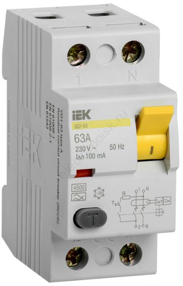 Выключатель дифференциальный тока (УЗО) ВД1-63 2Р 63А 100мА тип А(Электромеханическое)