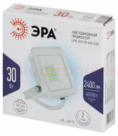 Прожектор светодиодный уличный LPR-023-W-65K-030 30Вт 6500K 2400Лм IP65 белый ЭРА Прожектор светодиодный уличный LPR-023-W-65K-030 30Вт 6500K 2400Лм IP65 белый ЭРА