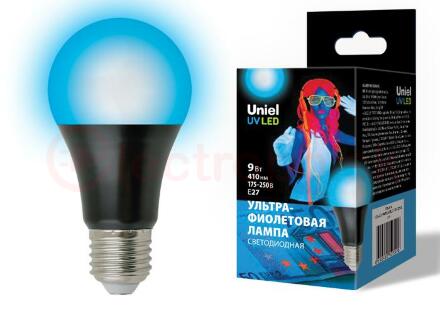 Лампа светодиодная ультрафиолетовая для дискотек LED-A60-9W/UVAD/E27/FR PLZ07BK Спектр UVA 410нм Картон