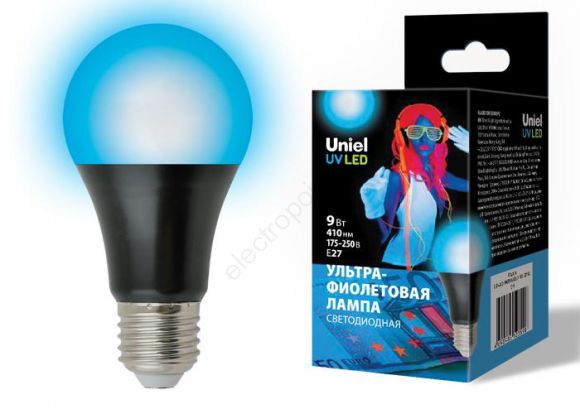 Лампа светодиодная ультрафиолетовая для дискотек LED-A60-9W/UVAD/E27/FR PLZ07BK Спектр UVA 410нм Картон (UL-00005855)