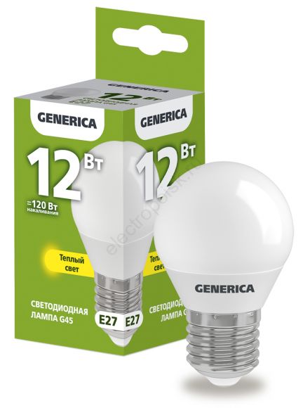 Лампа светодиодная G45 шар 12Вт 230В 3000К E27 GENERICA (LL-G45-12-230-30-E27-G)