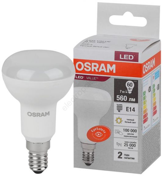 Лампа светодиодная LED 7 Вт E14 3000К 560Лм гриб 220 В (замена 60Вт) OSRAM (4058075581661)