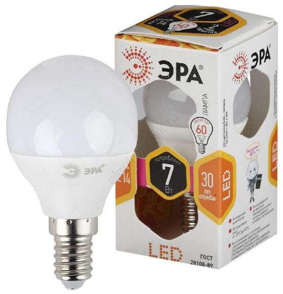 Лампа светодиодная LED P45-7W-827-E14 (диод, шар, 7Вт, тепл, E14, (10/100/3600) ЭРА (Б0020548)