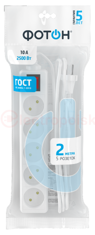 Удлинитель сетевой ФОТОН 10-25S [1х5], 2м, 10А, без заземления с выключателем, белый
