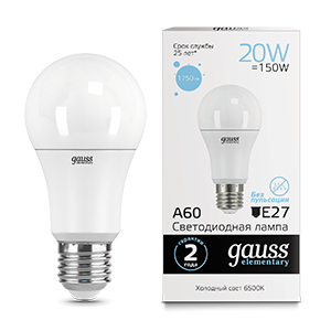 Лампа светодиодная LED 20 Вт 1750 Лм 6500К холодная E27 А60 Elementary Gauss