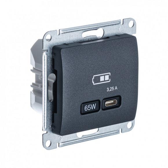 GLOSSA USB РОЗЕТКА тип-C 65W высокоскор.заряд. QC, PD, механизм, АНТРАЦИТ GSL000727