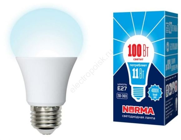 Лампа светодиодная LED-A60-16W/NW/E27/FR/NR Форма A, матовая. Серия Norma. Белый свет (4000K). Картон. ТМ Volpe