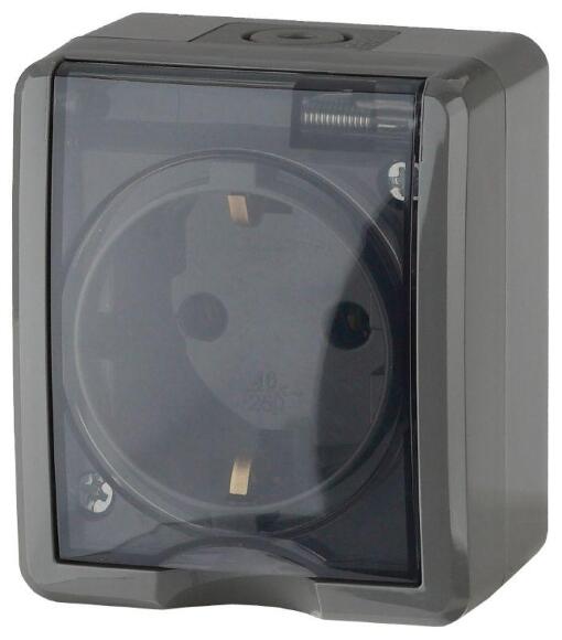 Розетка 2P+E IP54, 16A-250В, ОУ, Эра Эксперт, серый, 11-2401-03