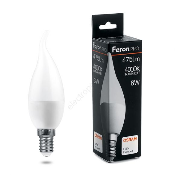 Лампа светодиодная LED 6вт Е14 белый матовая свеча на ветру Feron.PRO (38048)