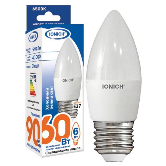 Лампа светодиодная LED 6w 6500К, E27, 540Лм, матовая свеча IONICH (1533)