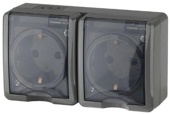 Розетка 2х2P+E IP54, 16A-250В, ОУ, Эра Эксперт, серый, 11-2403-03