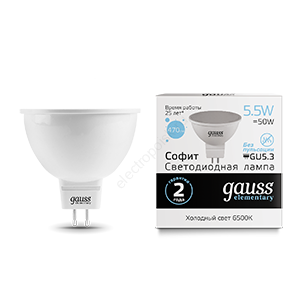 Лампа светодиодная LED 5,5 Вт 470 Лм 6500К холодная GU5.3 MR16 Elementary Gauss (13536)