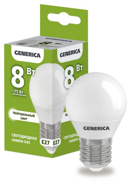 Лампа светодиодная G45 шар 8Вт 230В 4000К E27 GENERICA (LL-G45-08-230-40-E27-G)