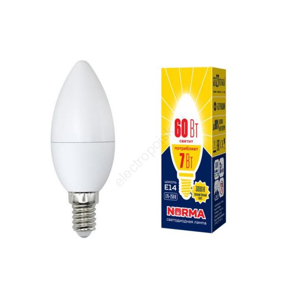 Лампа светодиодная LED-C37-7W/WW/E14/FR/NR Форма свеча, матовая. Серия Norma. Теплый белый свет (3000K). Картон. ТМ Volpe (UL-00003796)
